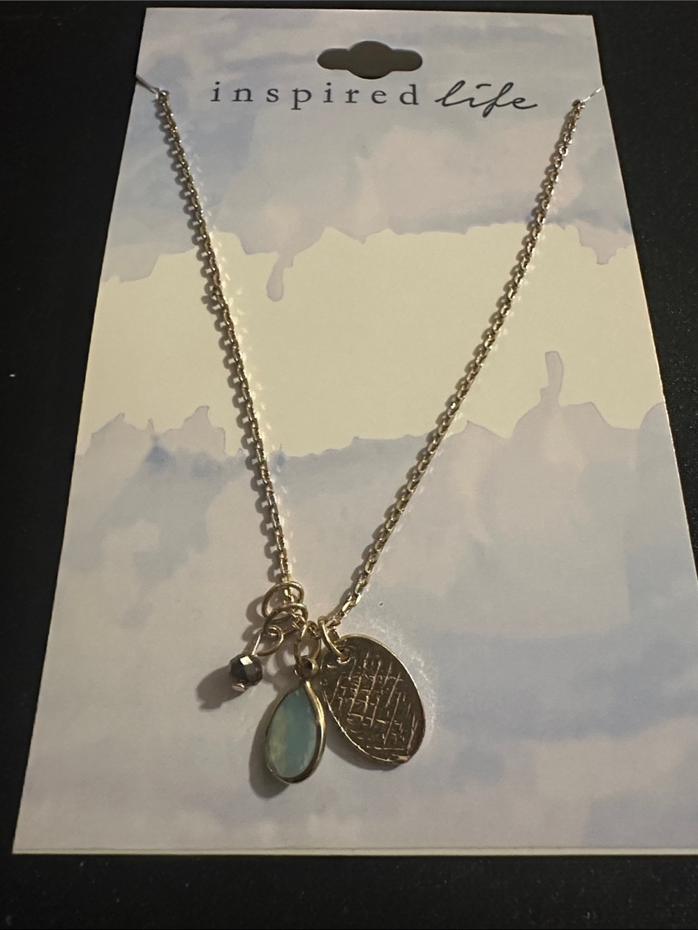 Inspired Life Gold Plated Pendant Necklace with Aqua Teardrop
#147